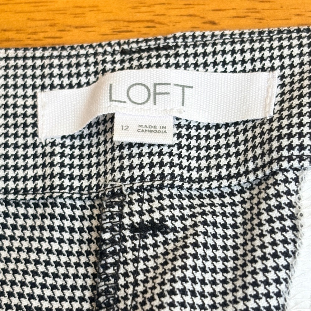 LOFT The Devin Slim Pants 12 Black White Houndstooth Ankle Linen Blend Cuffs